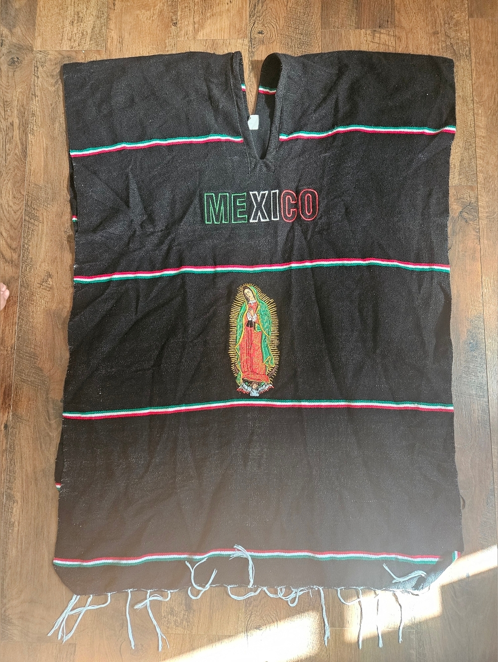 Black Mexico Poncho with Virgin of Guadalupe Embroidery Size LARGE